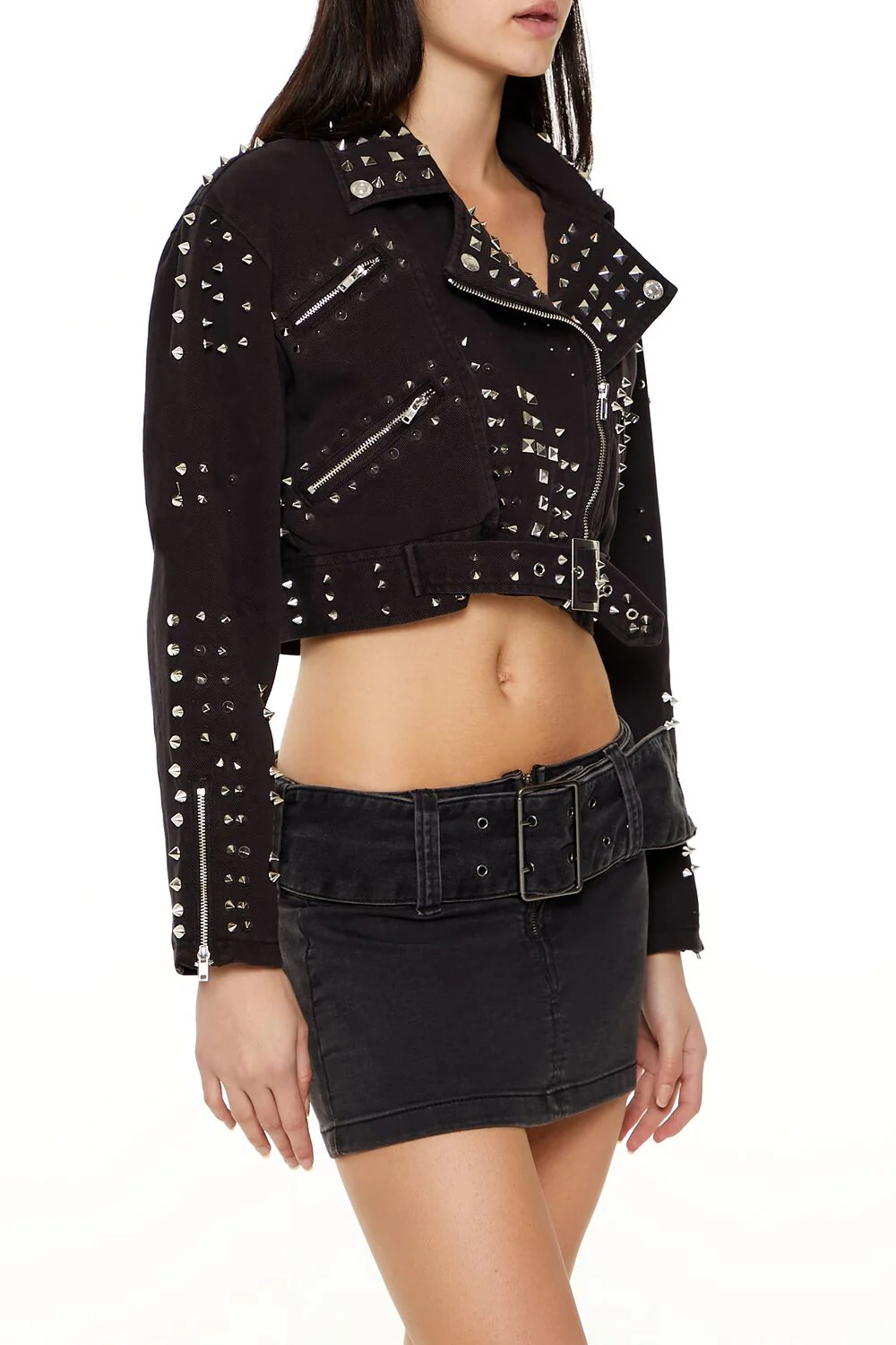 Studded Denim Moto Jacket - Image 4