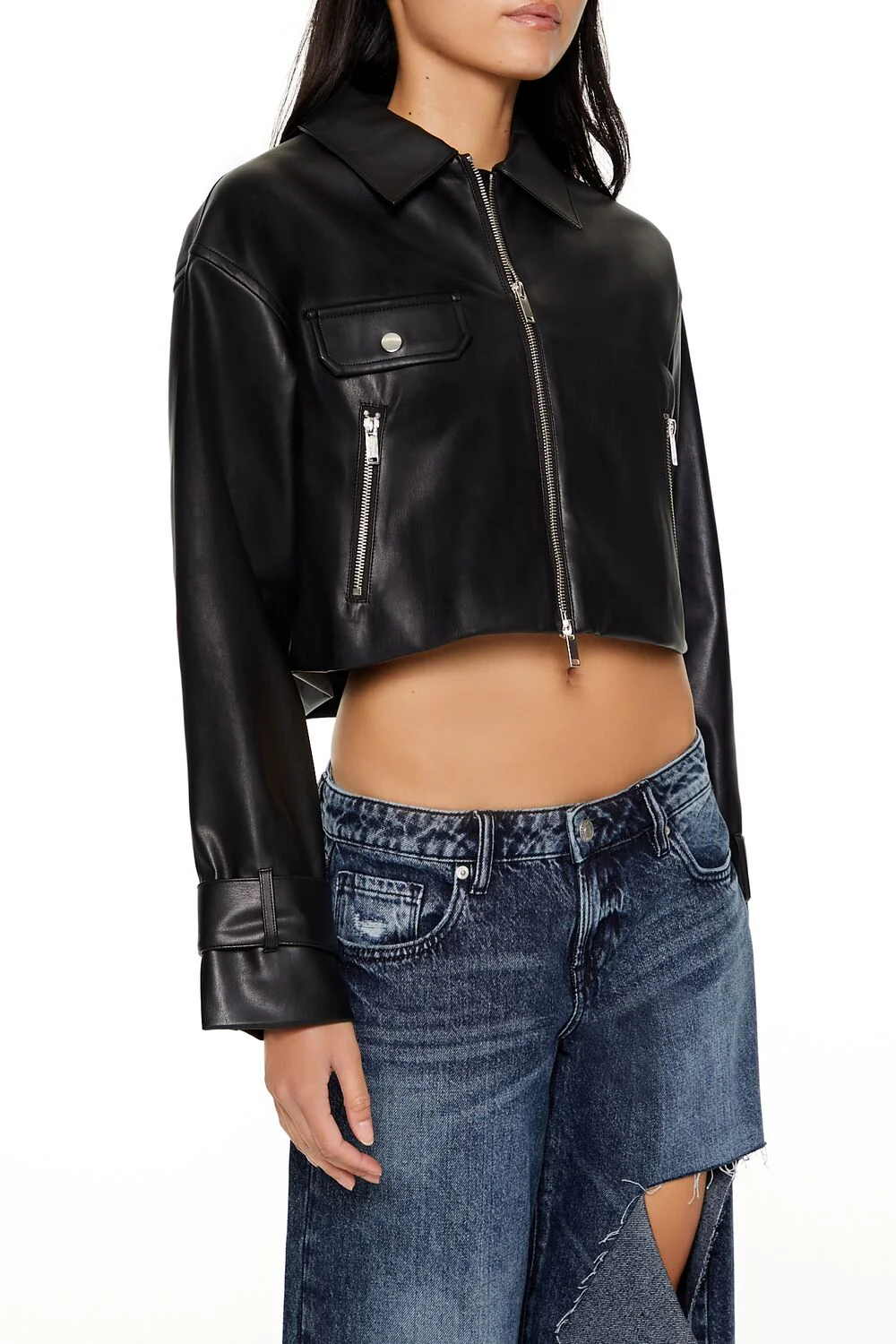 Cropped Faux Leather Moto Jacket - Image 4