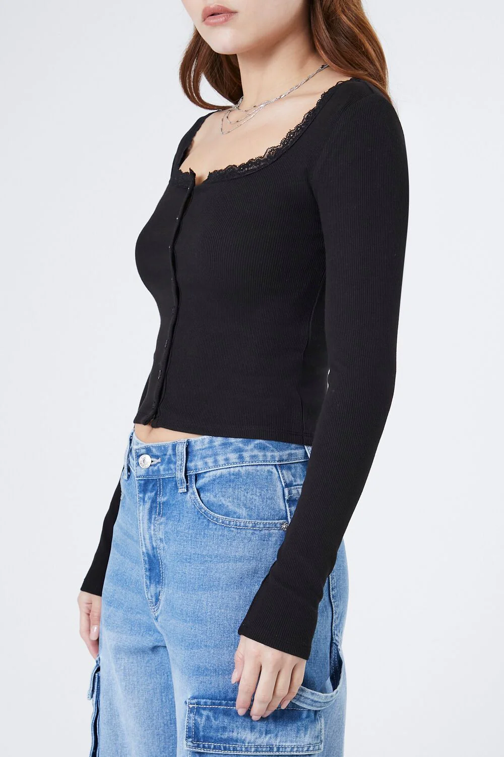 Ribbed Lace-Trim Henley Top - Image 2