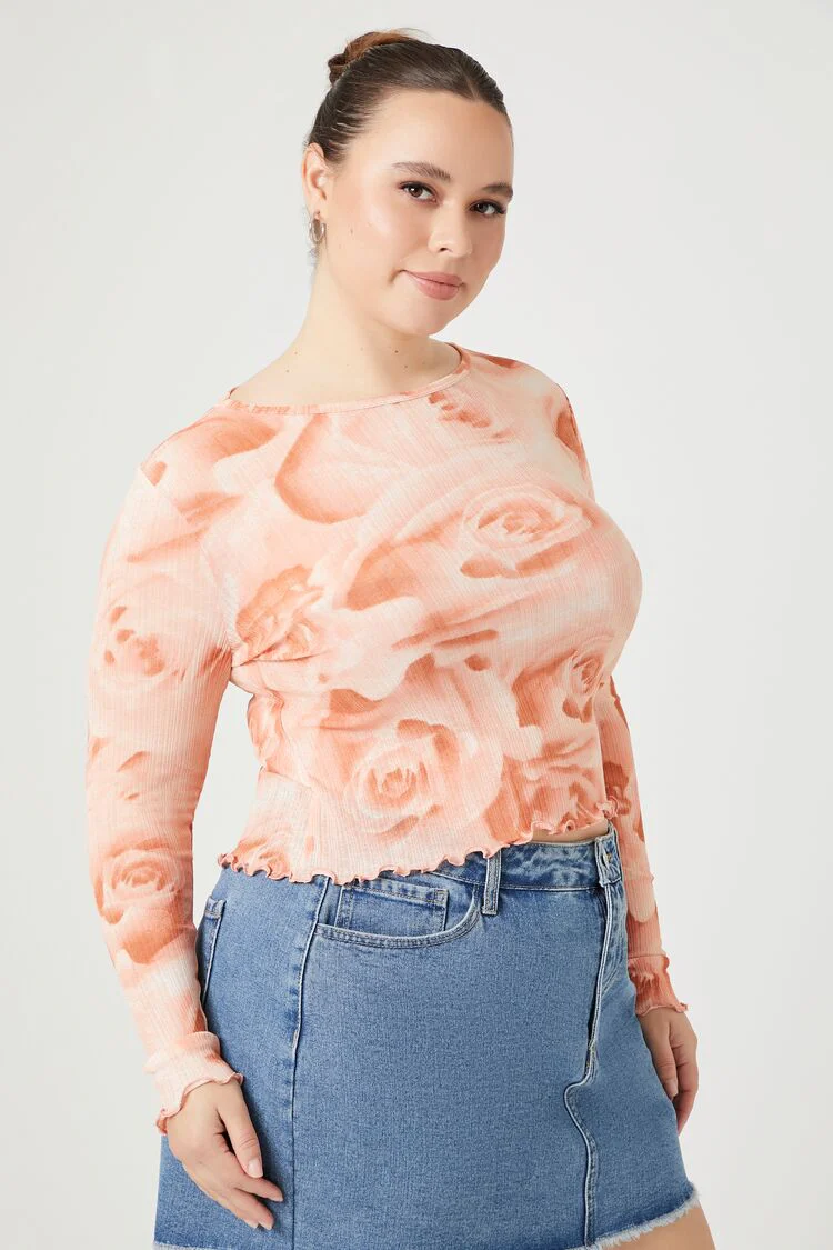 Plus Size Ribbed Rose Print Top - Image 2