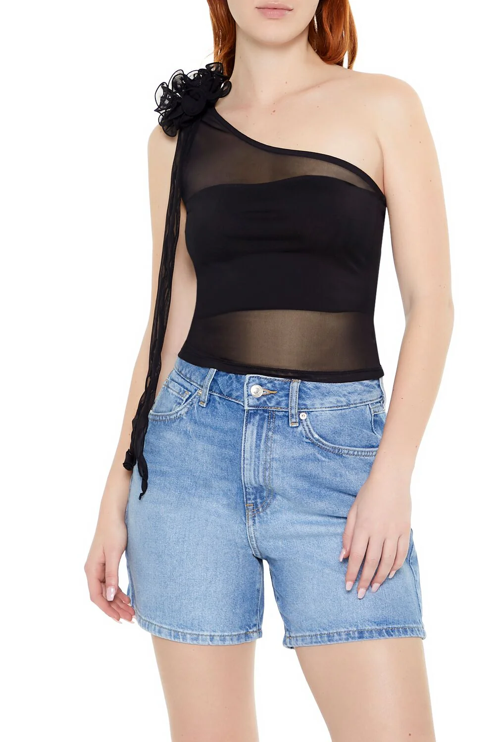 Mesh Rosette One-Shoulder Top - Image 6
