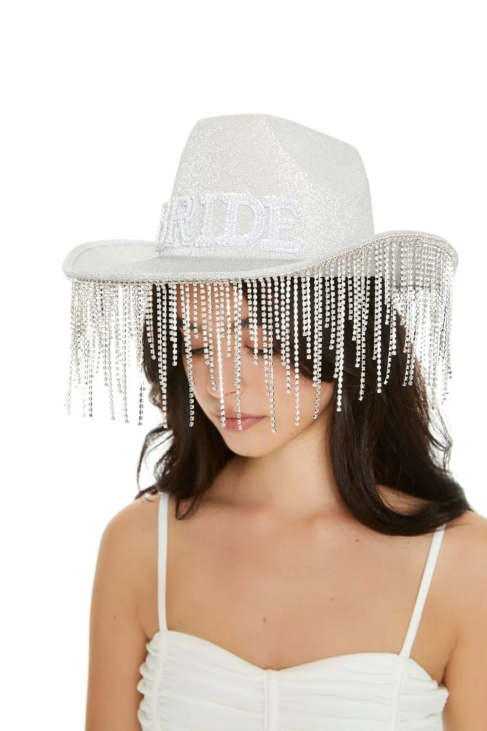 Rhinestone Fringe Bride Cowboy Hat - Image 2