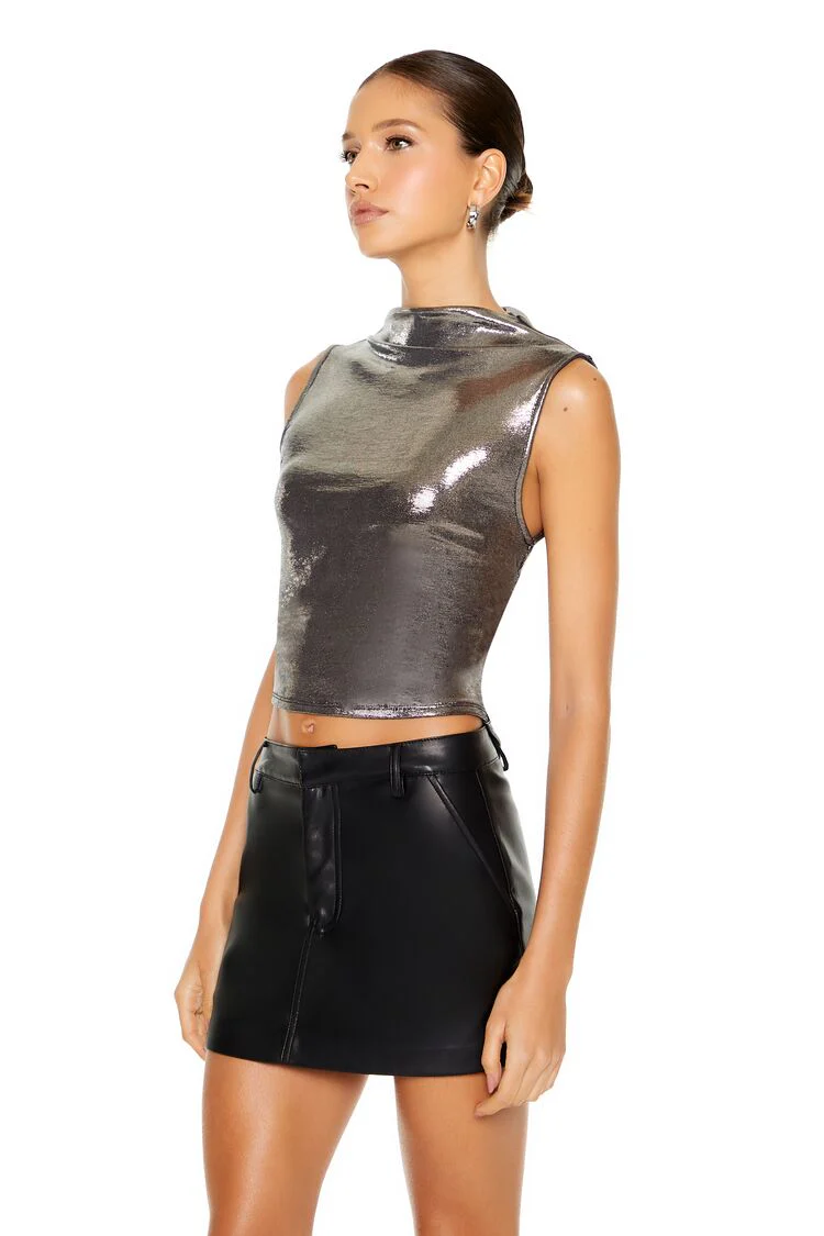 Metallic Mock Neck Crop Top - Image 2