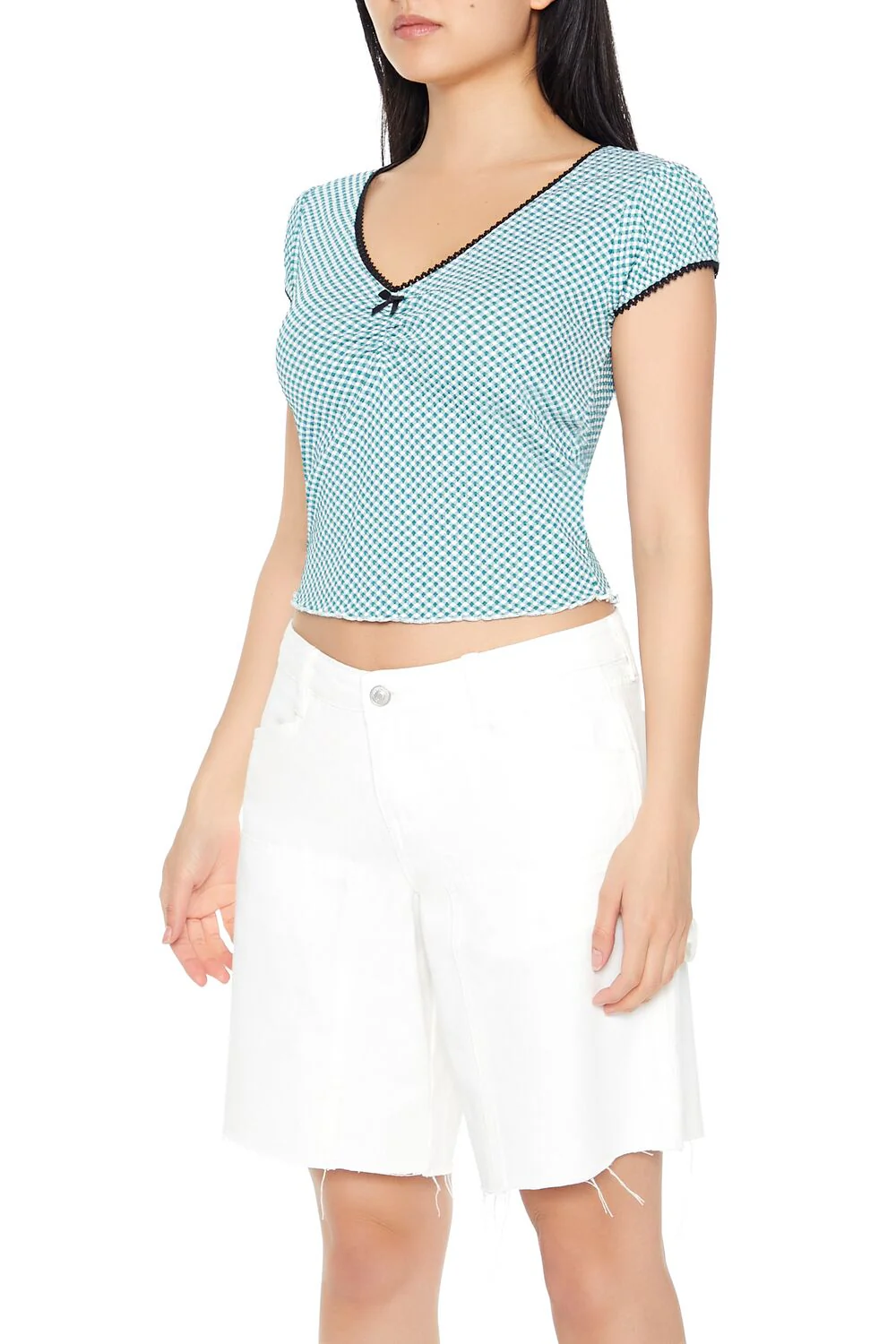 Cropped Gingham Bow Tee - Image 2