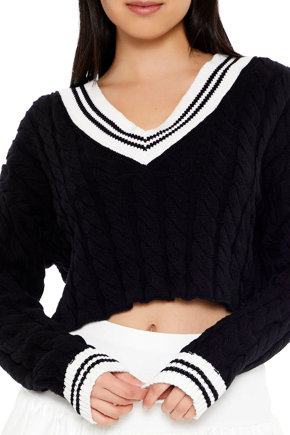 Cropped Cable Knit Sweater - Image 3