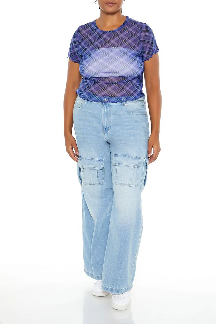 Plus Size Plaid Sheer Mesh Top - Image 2