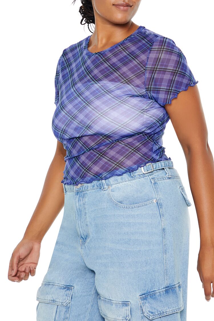 Plus Size Plaid Sheer Mesh Top - Image 4