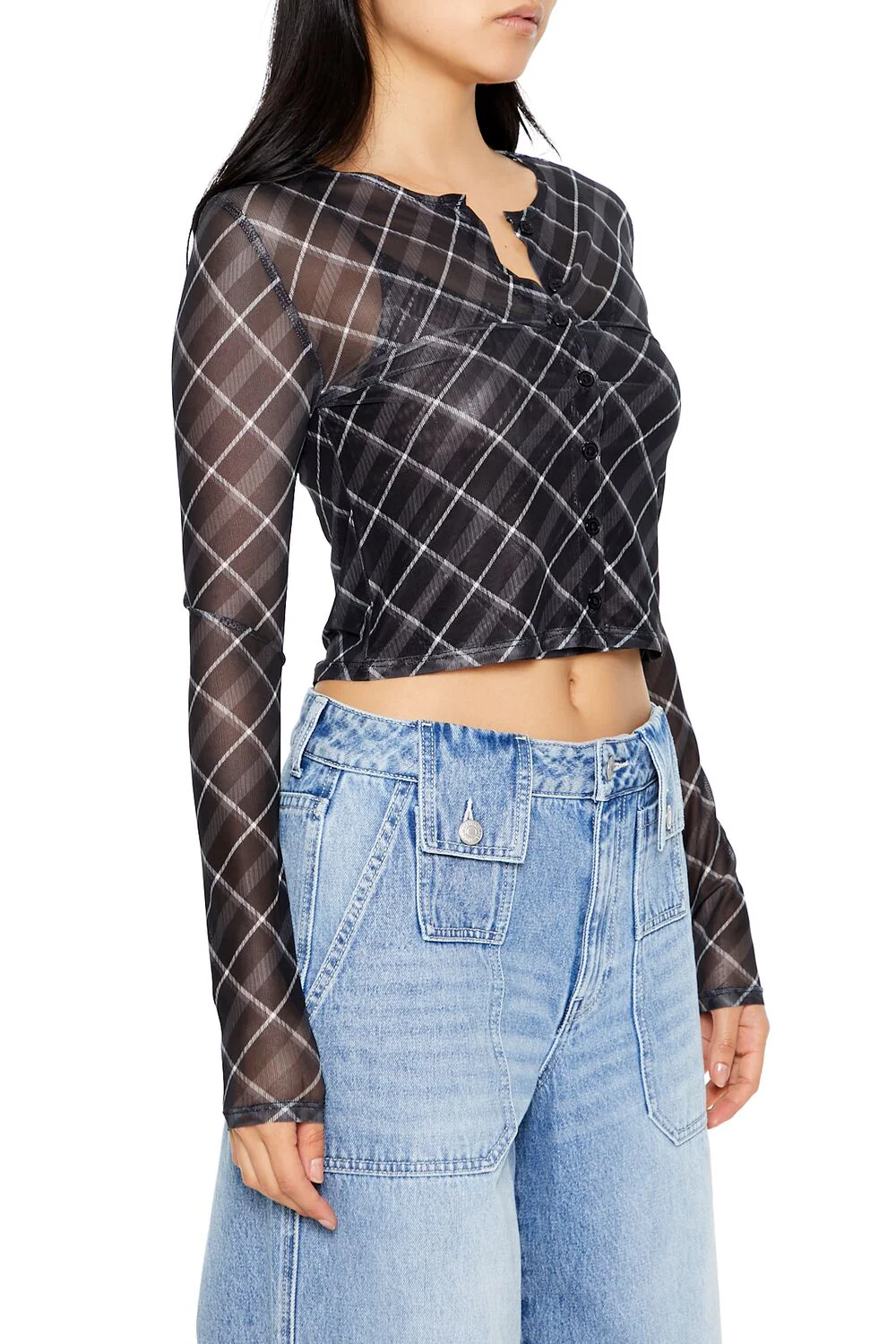 Plaid Mesh Crop Top & Cami Set - Image 4