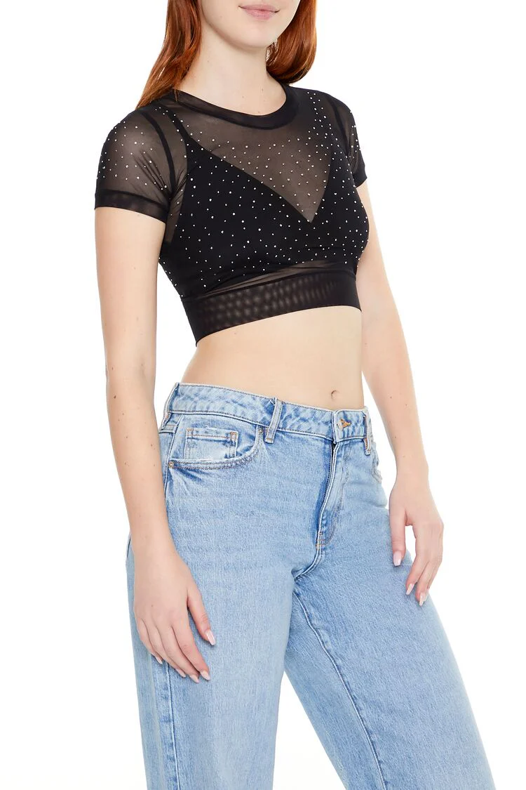 Cropped Mesh Rhinestone Tee - Image 2
