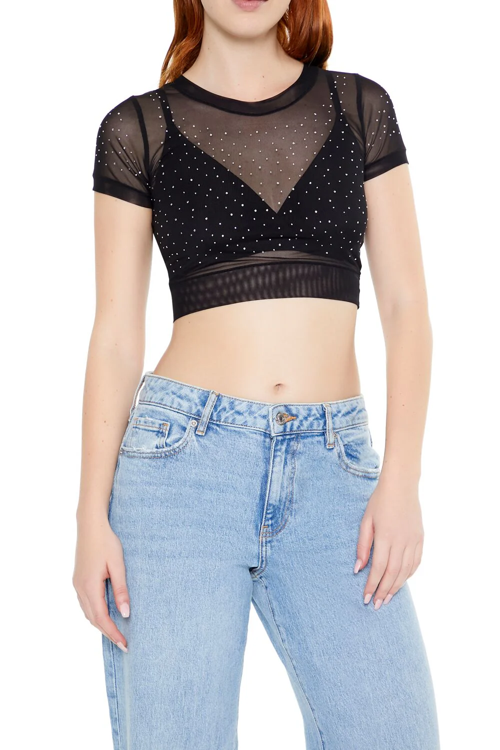 Cropped Mesh Rhinestone Tee - Image 5