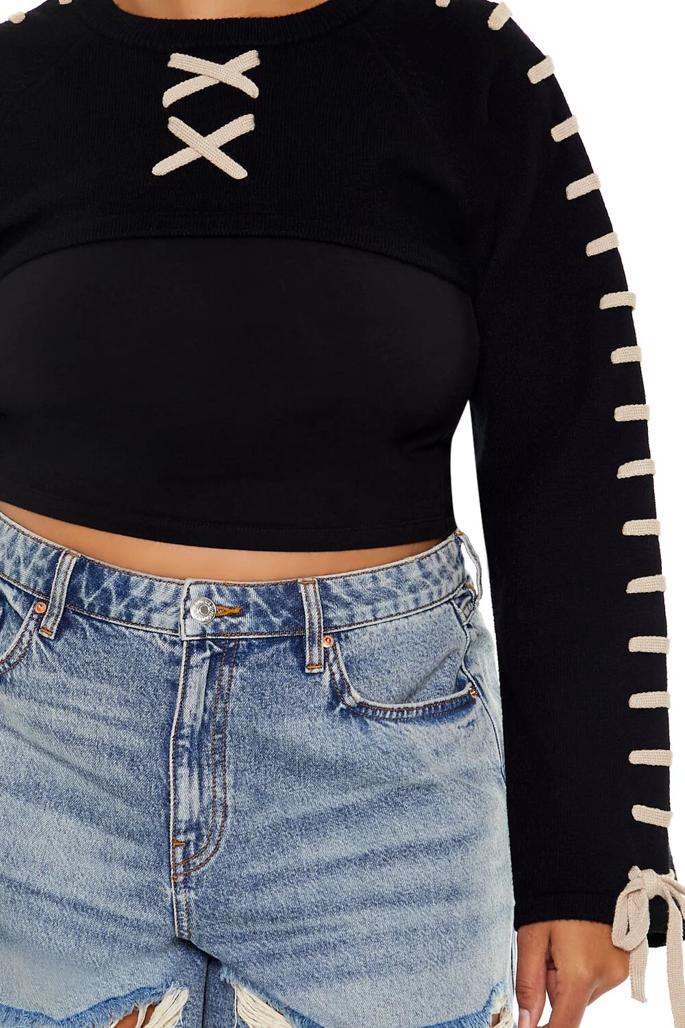 Plus Size Cropped Tie-Trim Sweater - Image 3