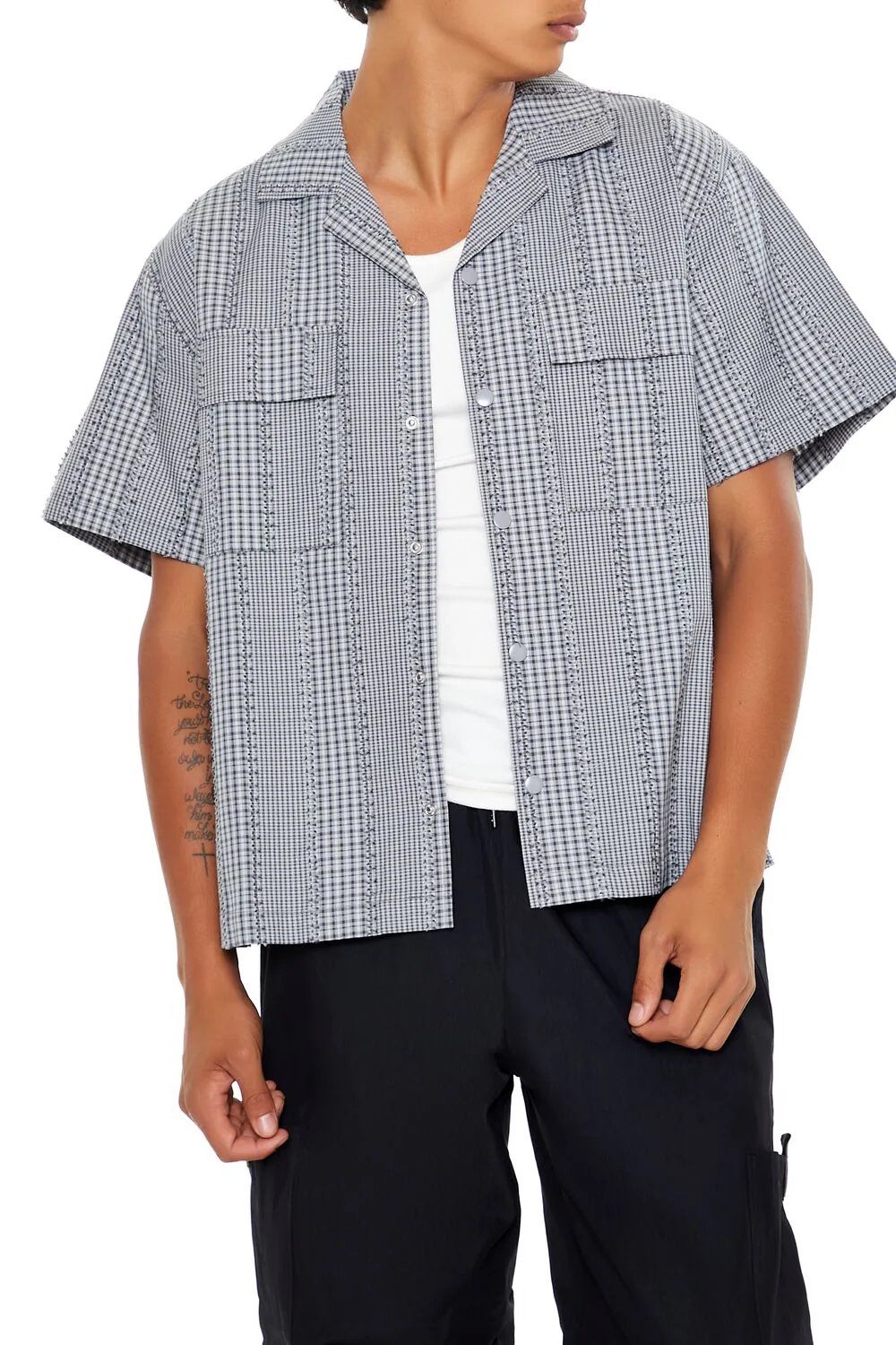 Cropped Mixed Plaid Shirt - Image 6