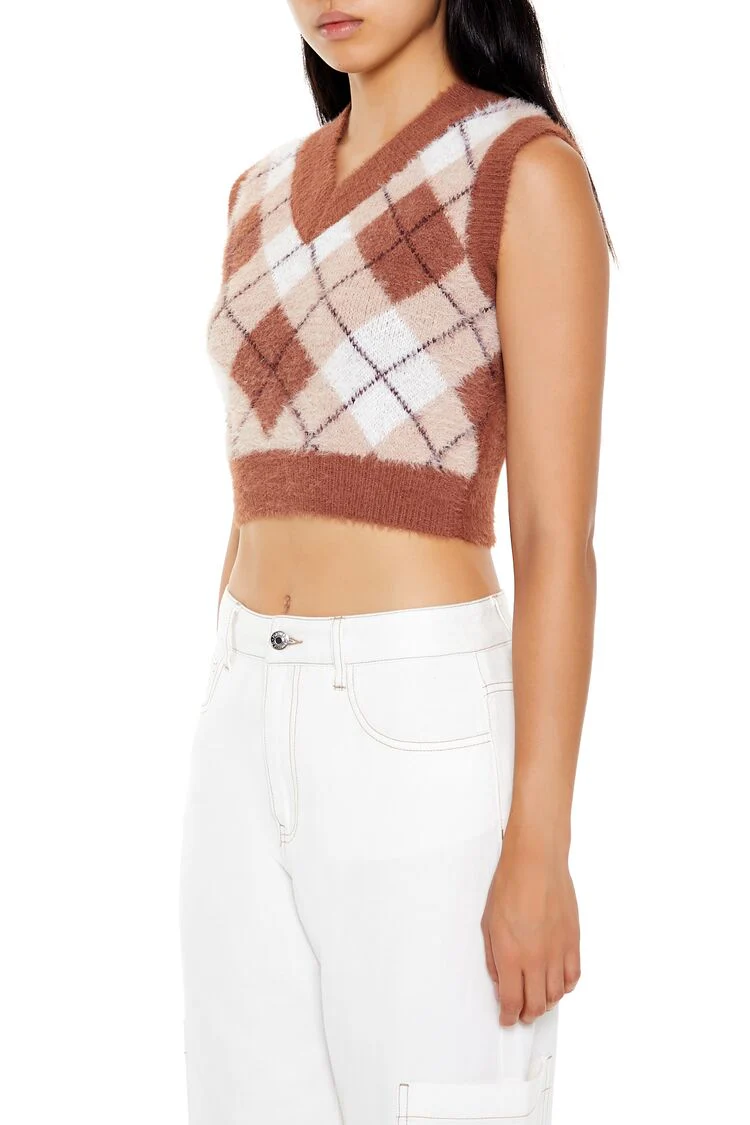 Cropped Argyle Sweater Vest - Image 4