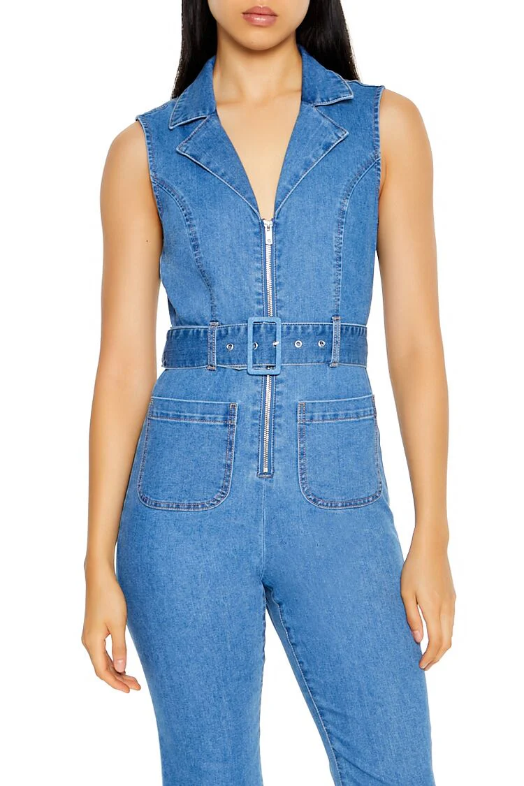 Sleeveless Denim Zip-Up Jumpsuit - Image 2