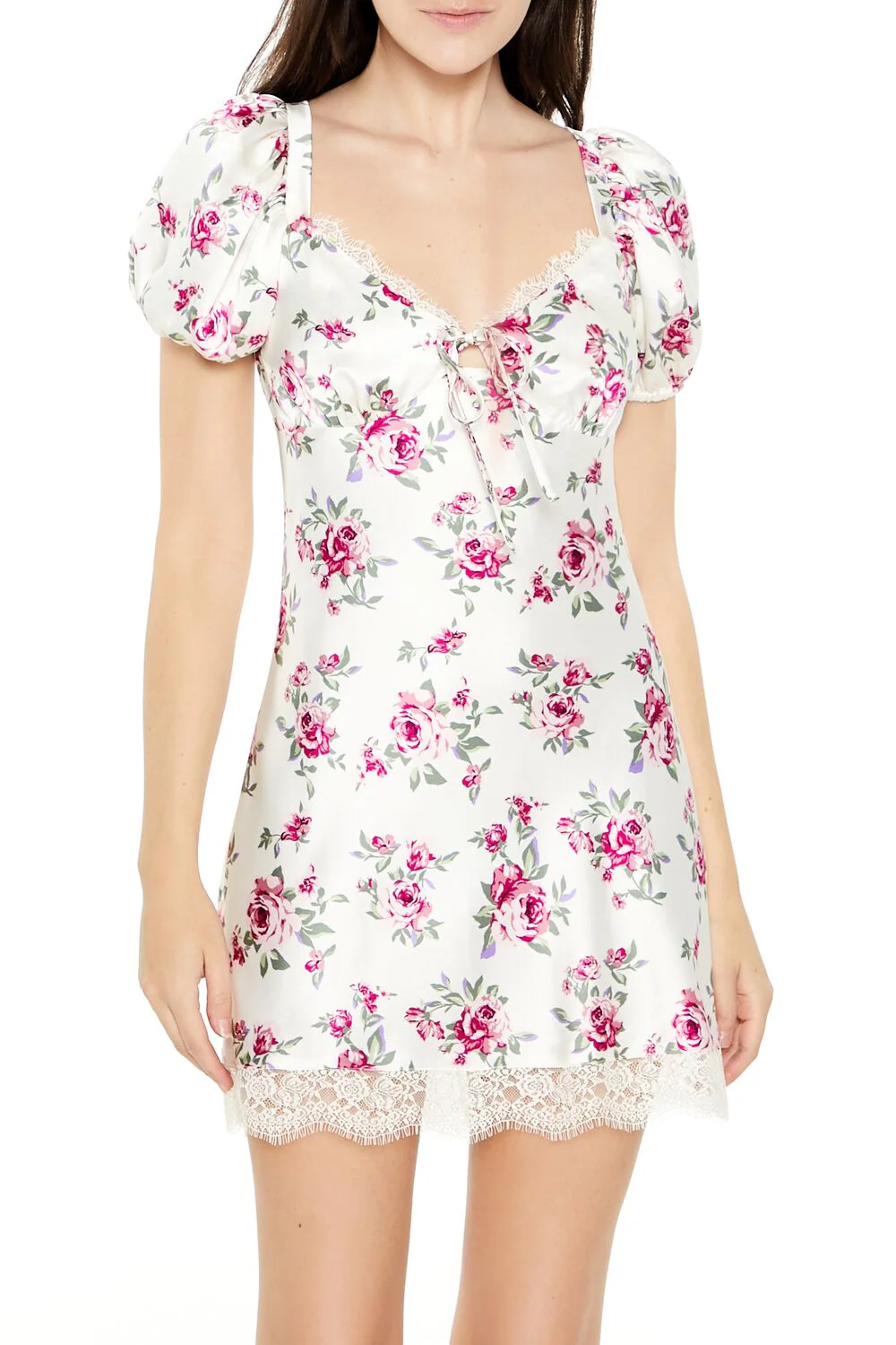 Satin Rose Puff-Sleeve Mini Dress - Image 2