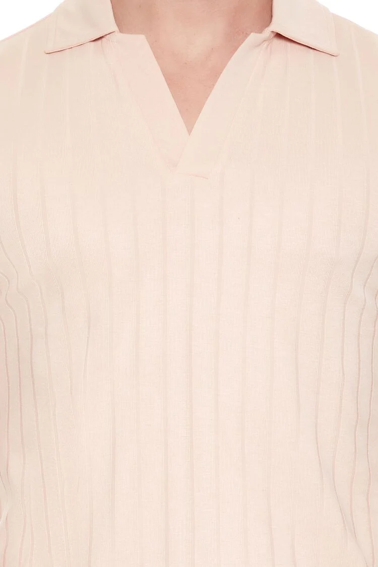 Ribbed Open V-Neck Polo Shirt - Image 11