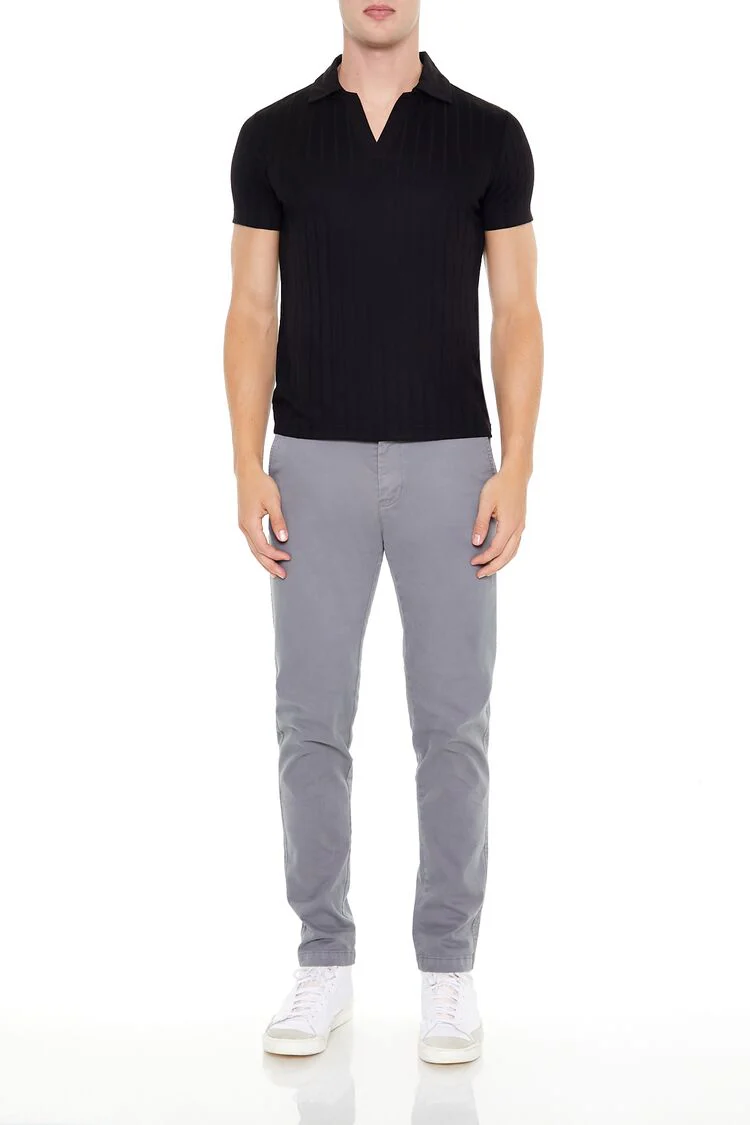 Ribbed Open V-Neck Polo Shirt - Image 2
