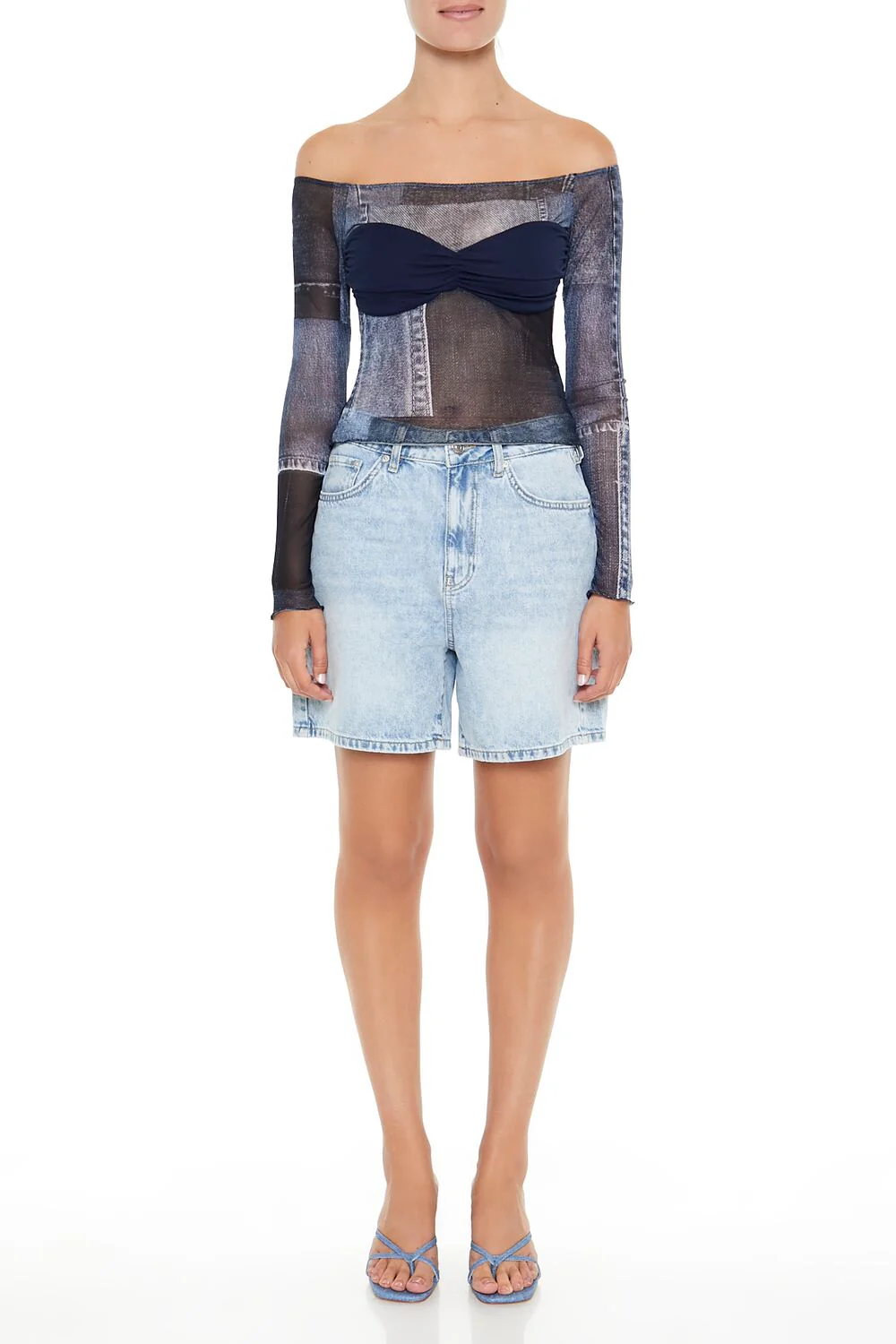 Denim Print Off-the-Shoulder Top - Image 3