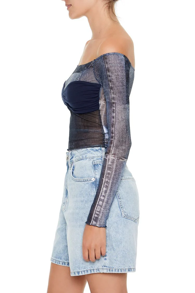 Denim Print Off-the-Shoulder Top - Image 6