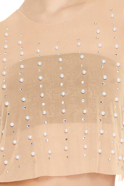 Mesh Faux Pearl Crop Top - Image 3