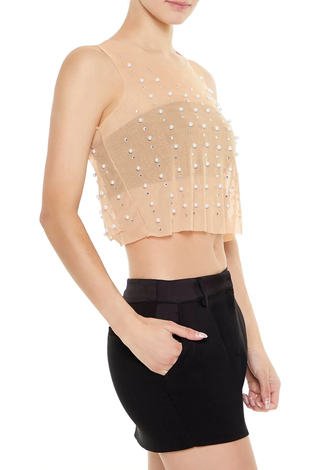 Mesh Faux Pearl Crop Top - Image 4
