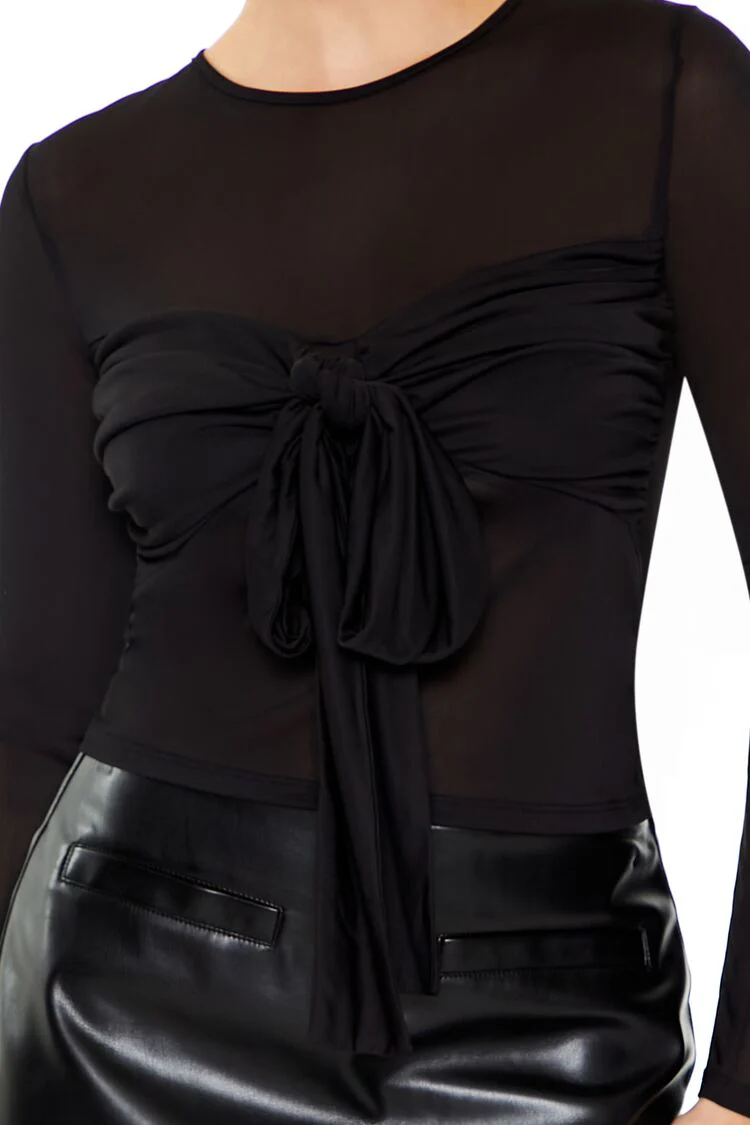 Ruched Mesh Tie-Front Top - Image 3