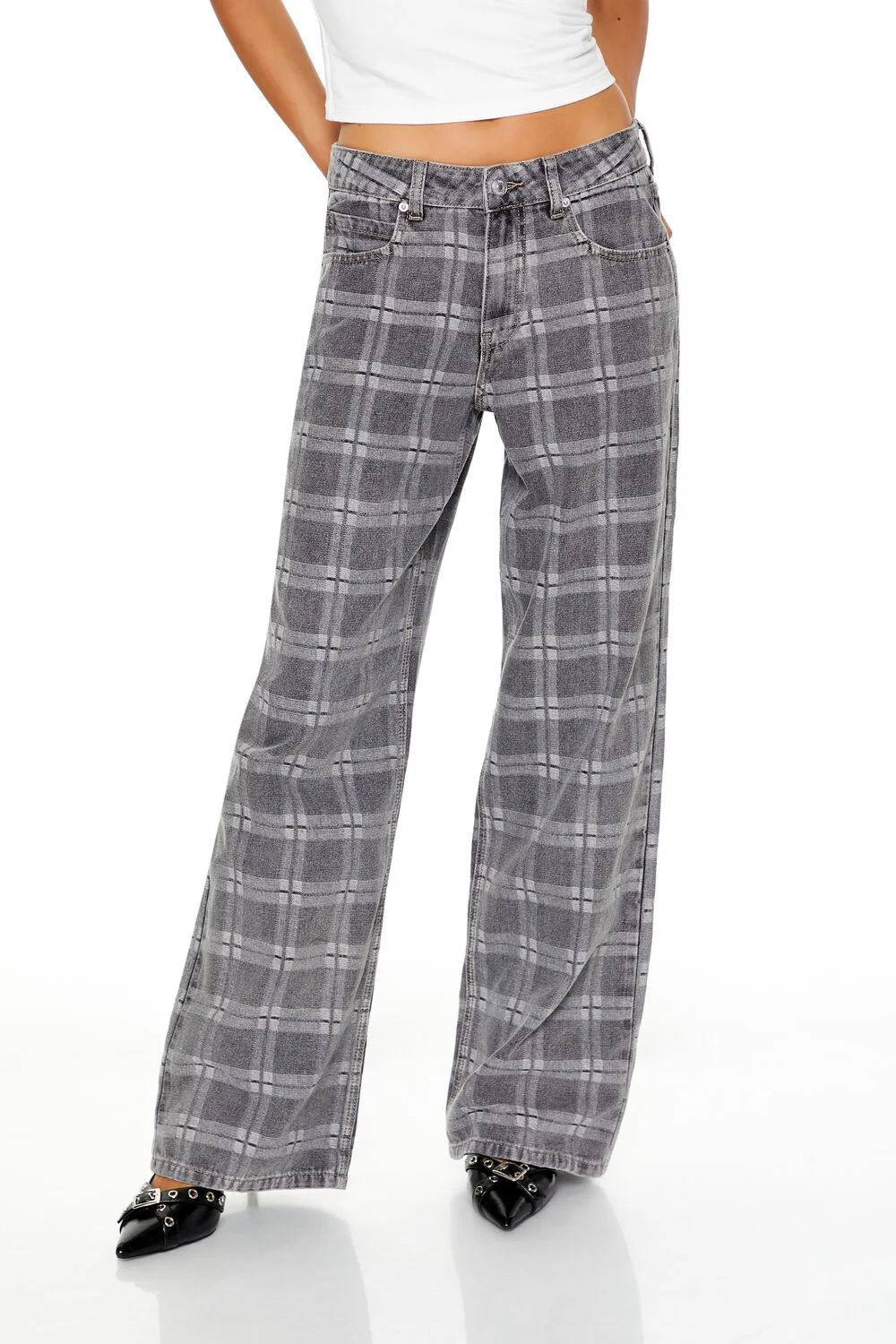 Plaid Mid-Rise Baggy Jeans - Image 2