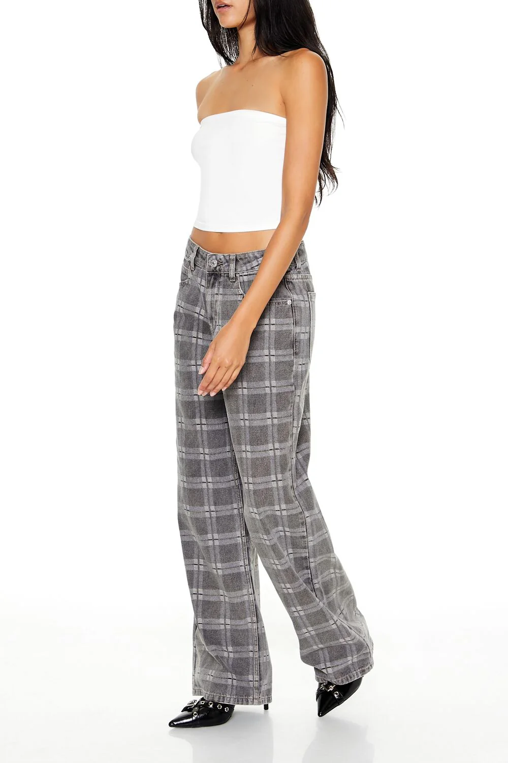 Plaid Mid-Rise Baggy Jeans - Image 3