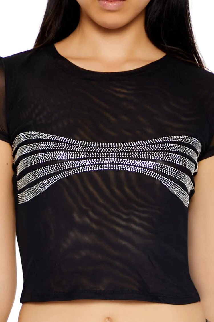 Mesh Rhinestone Cropped Tee - Image 3