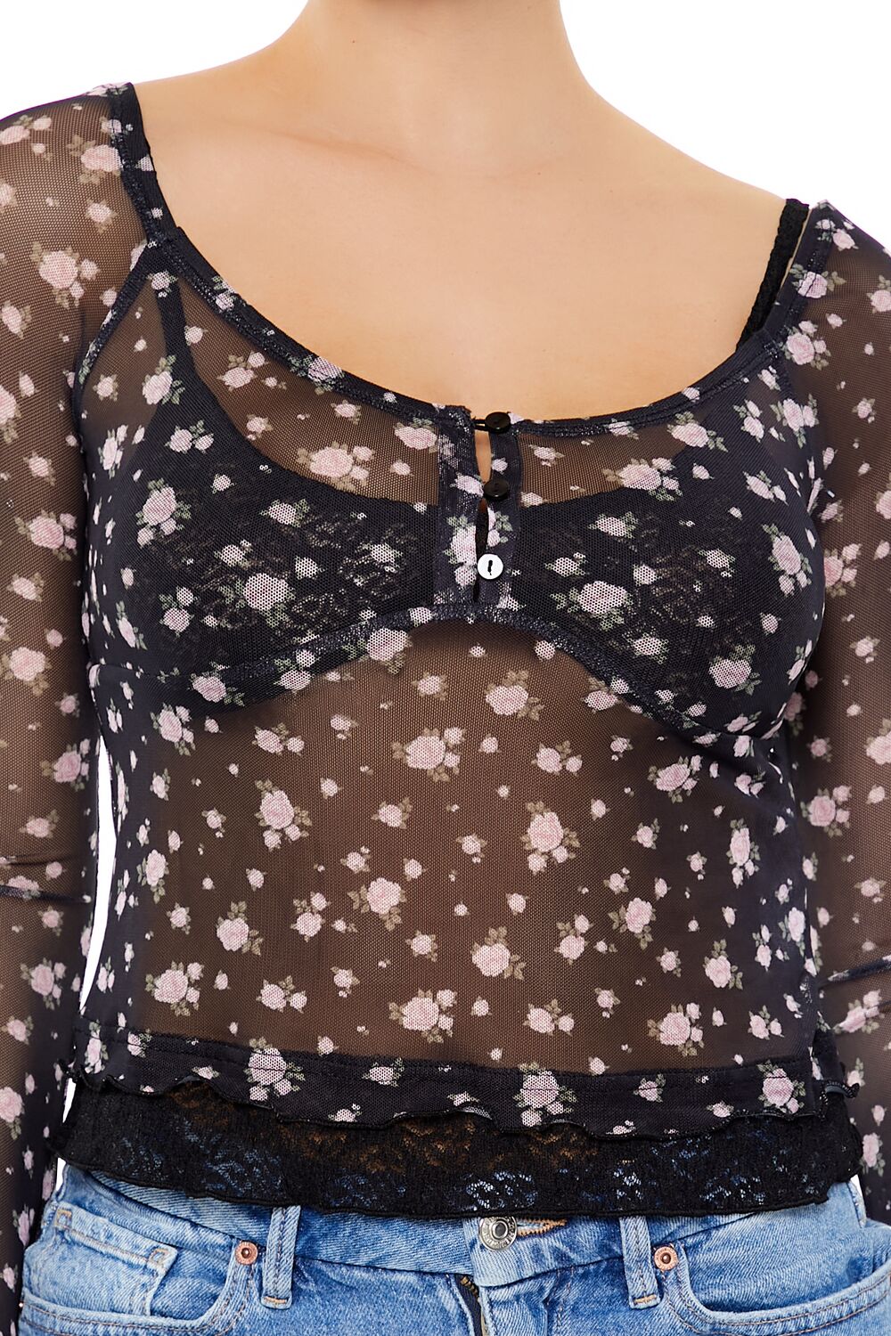 Sheer Mesh Rose Print Top - Image 3