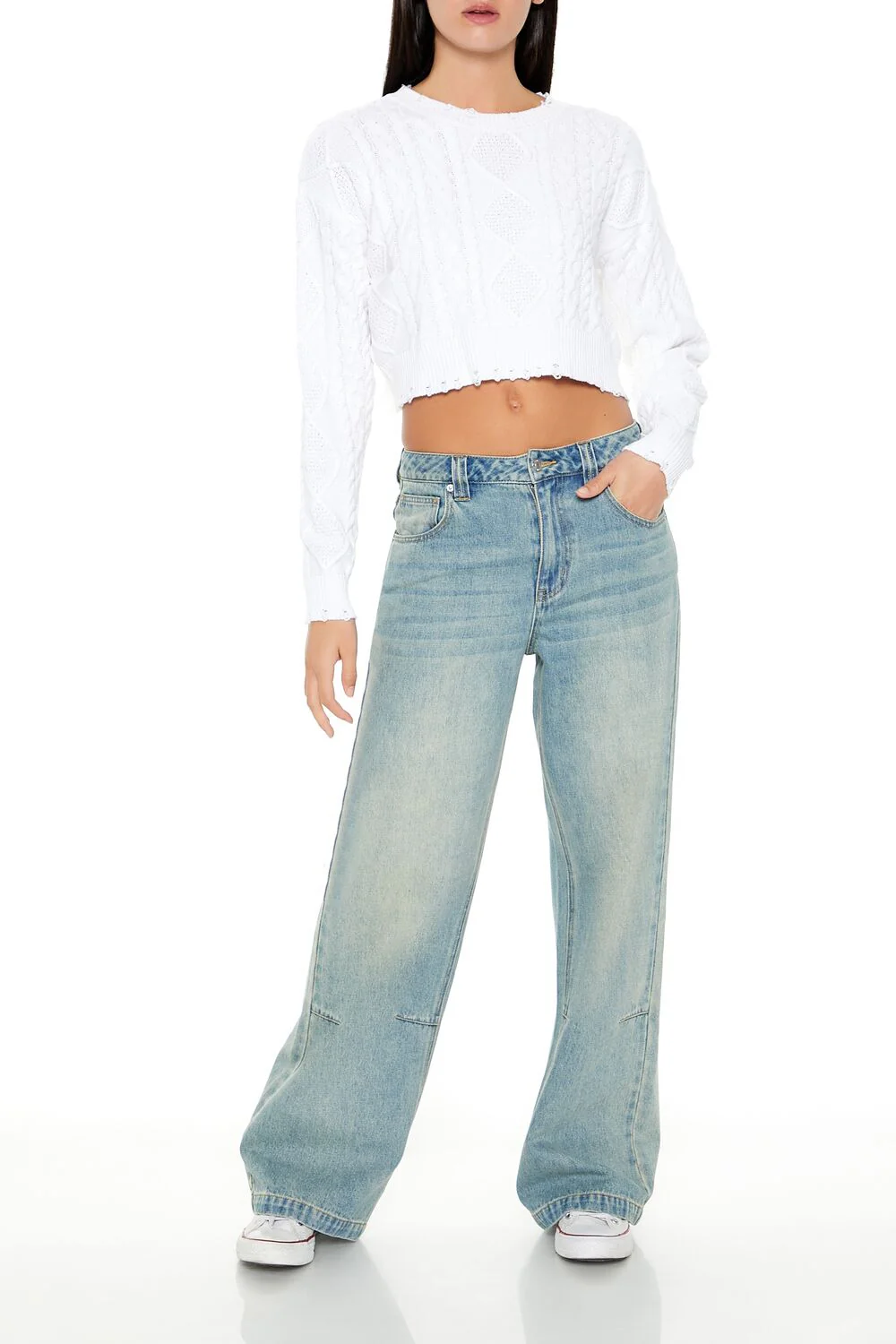 Cropped Cable Knit Sweater - Image 2