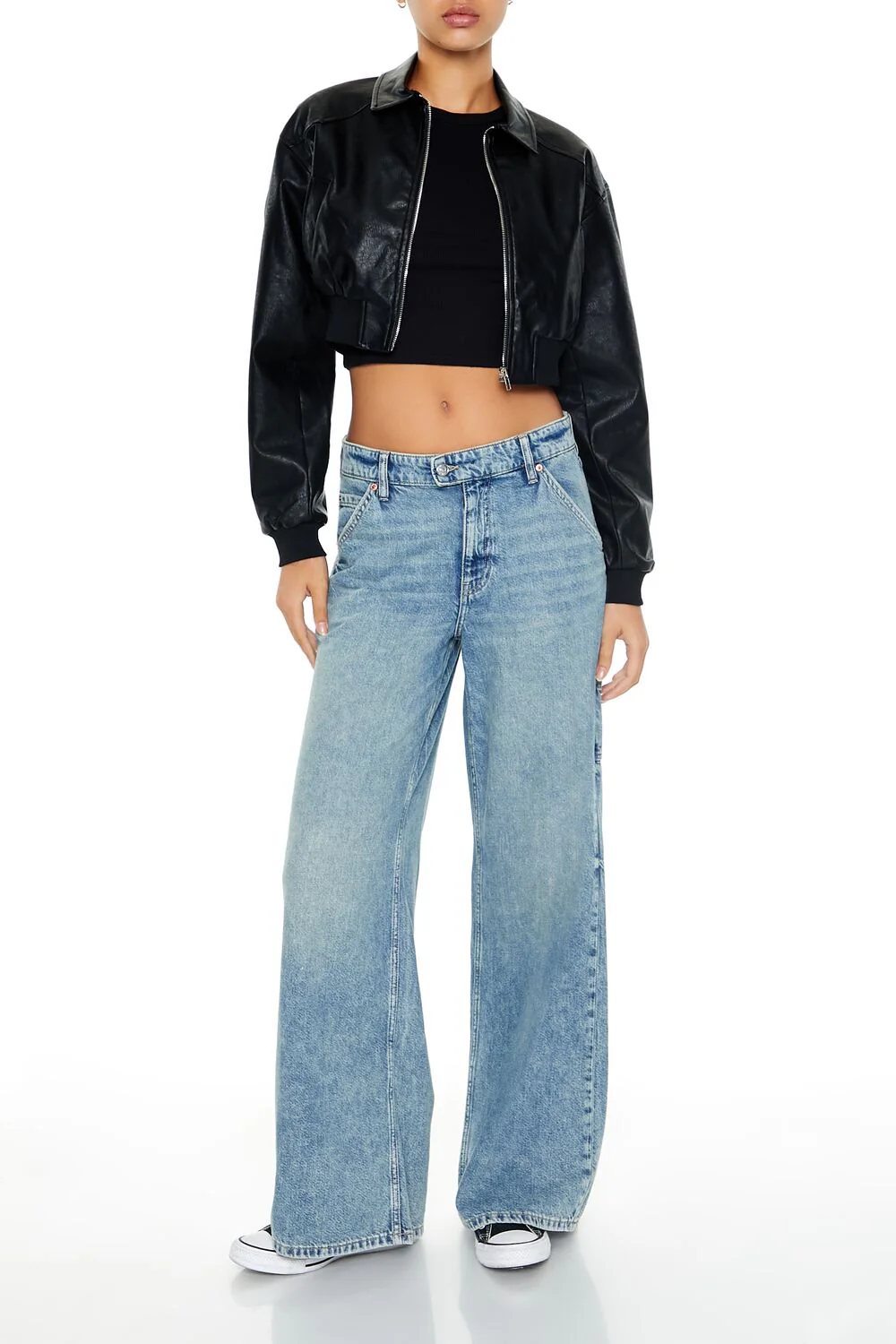 Cropped Faux Leather Bomber Jacket - Image 2