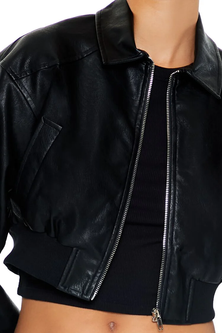 Cropped Faux Leather Bomber Jacket - Image 3