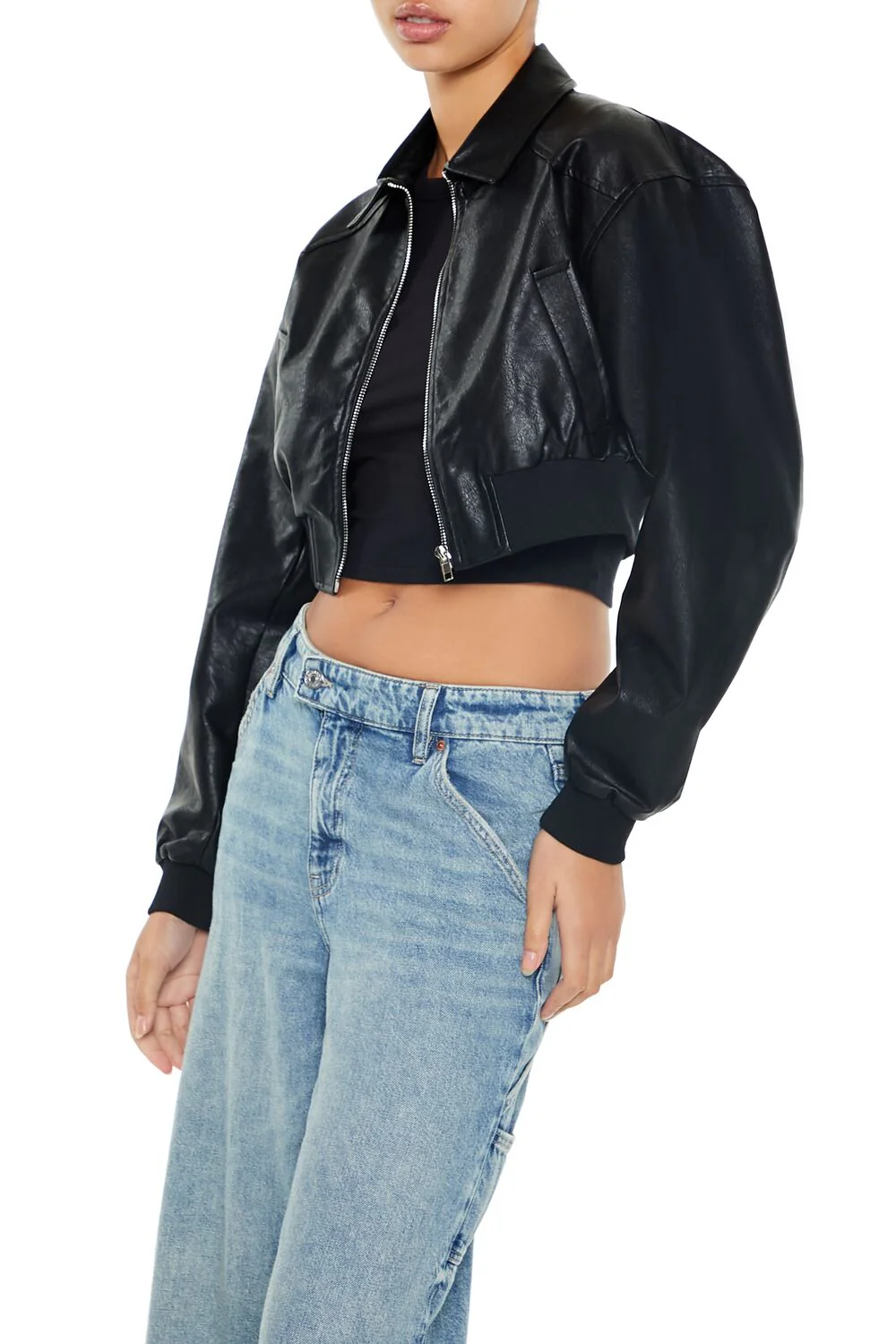 Cropped Faux Leather Bomber Jacket - Image 4