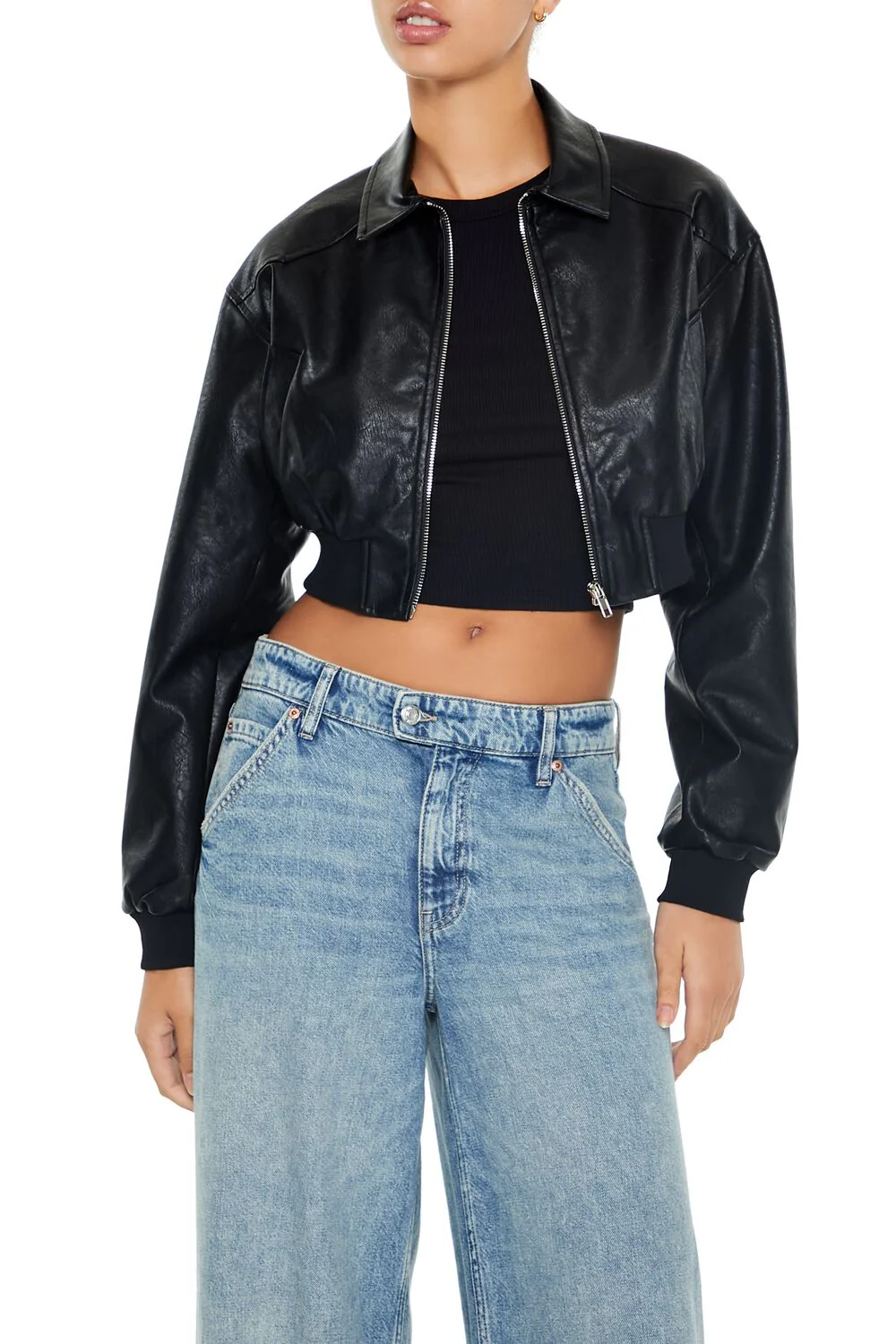 Cropped Faux Leather Bomber Jacket - Image 6