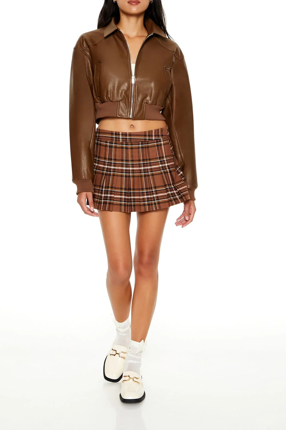 Cropped Faux Leather Bomber Jacket - Image 7