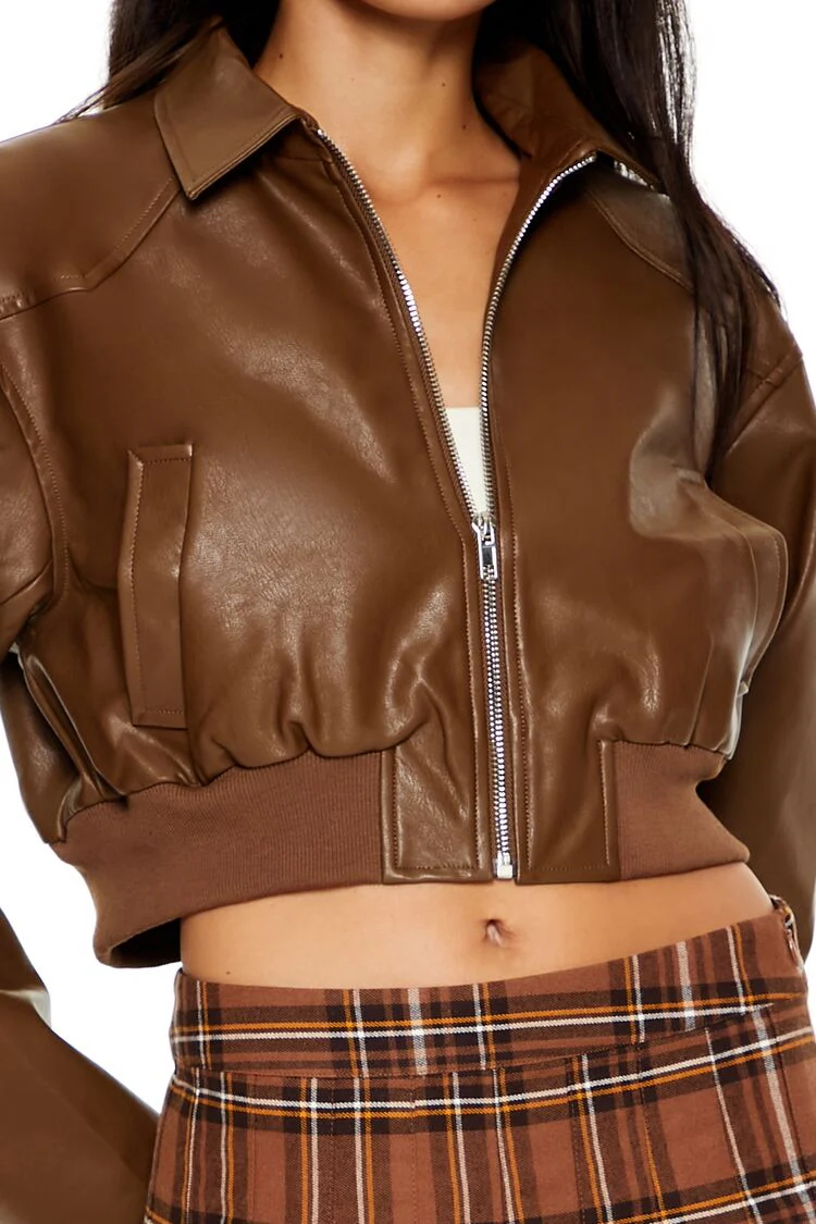 Cropped Faux Leather Bomber Jacket - Image 8