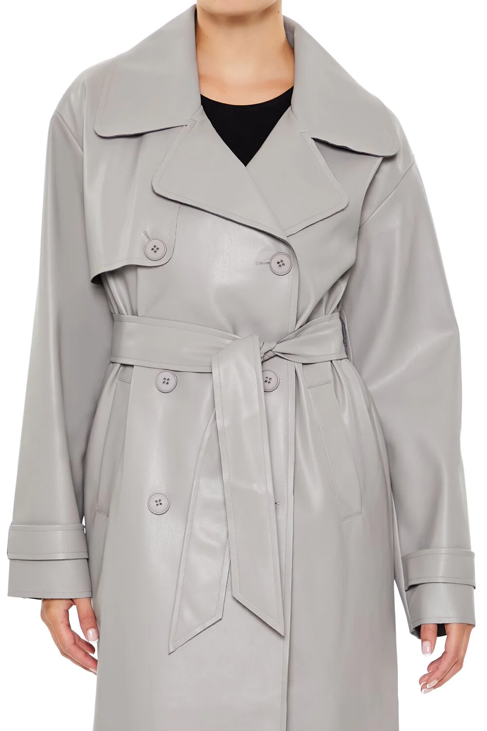 Faux Leather Notched Trench Coat - Image 11