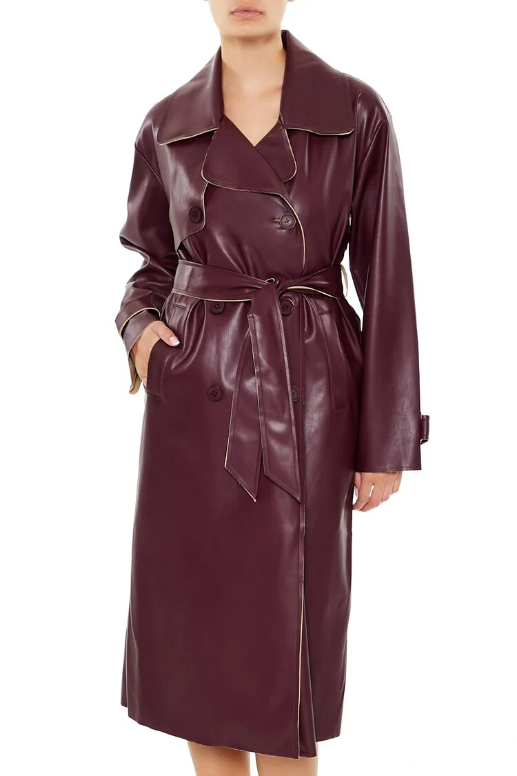 Faux Leather Notched Trench Coat - Image 2