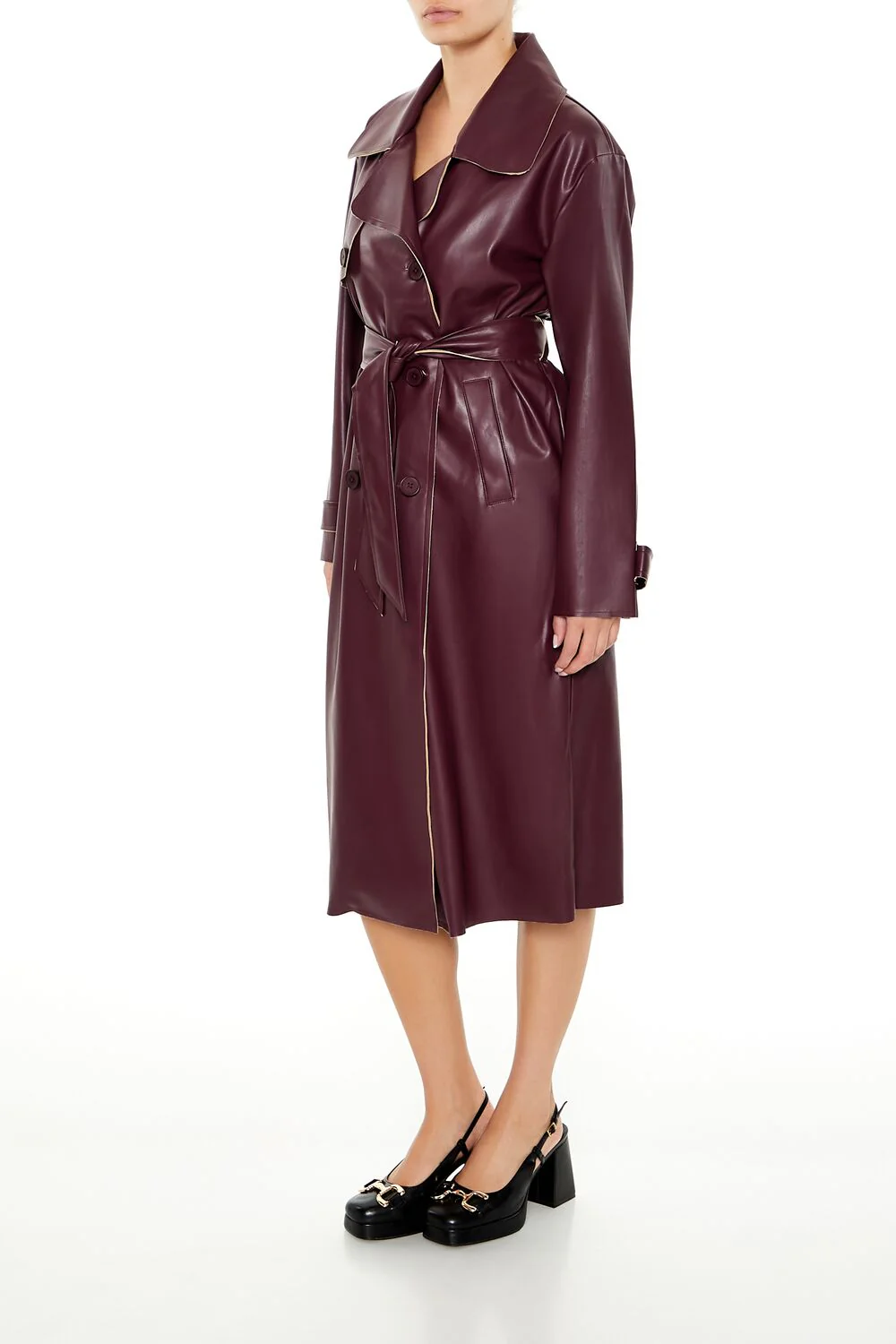 Faux Leather Notched Trench Coat - Image 3