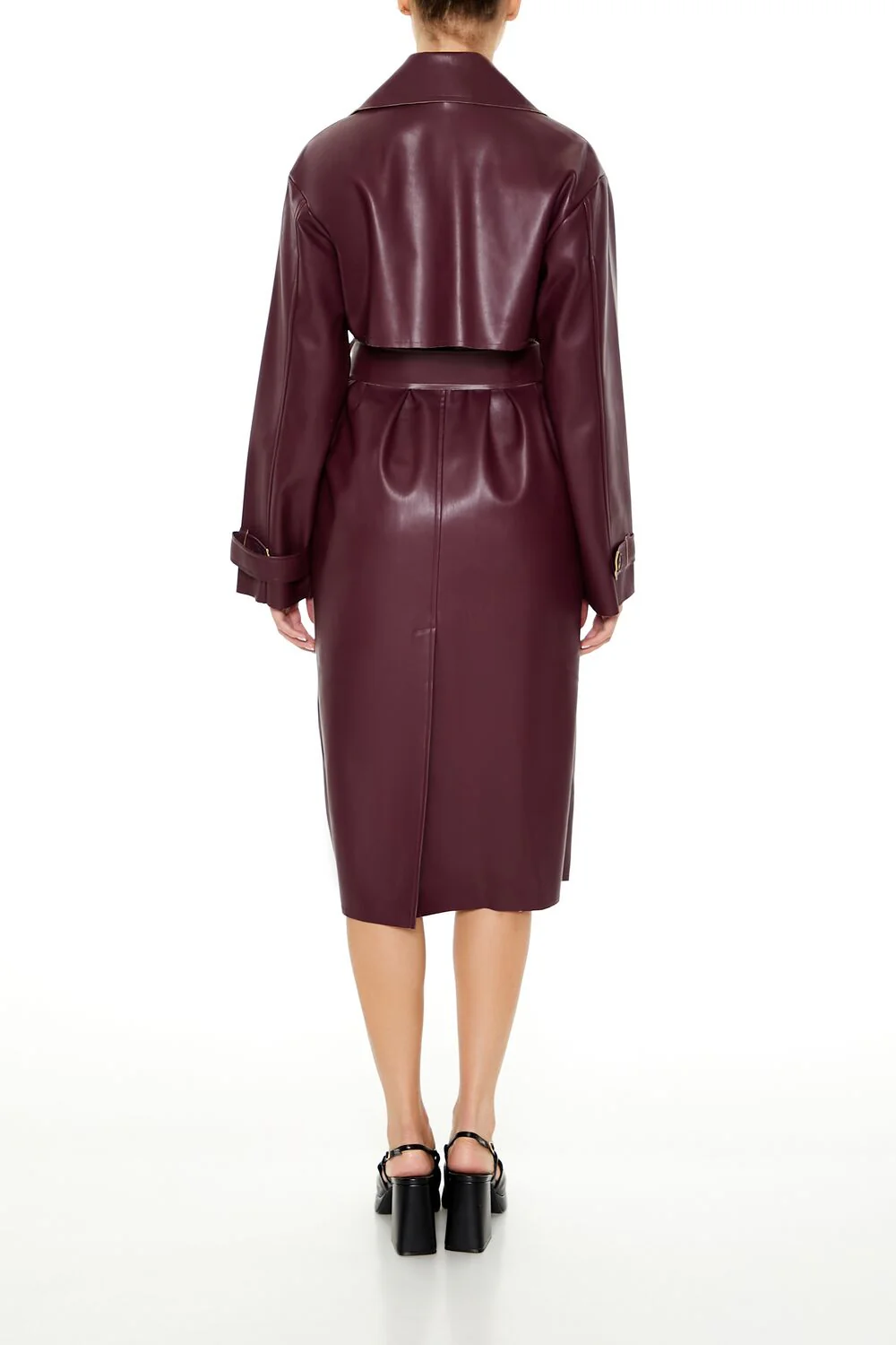 Faux Leather Notched Trench Coat - Image 4