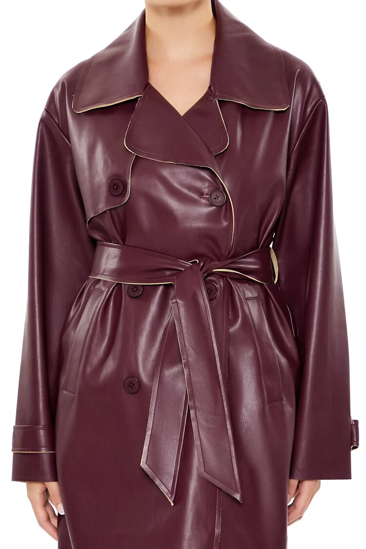 Faux Leather Notched Trench Coat - Image 5