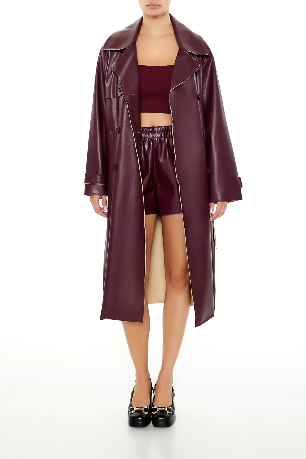Faux Leather Notched Trench Coat - Image 6