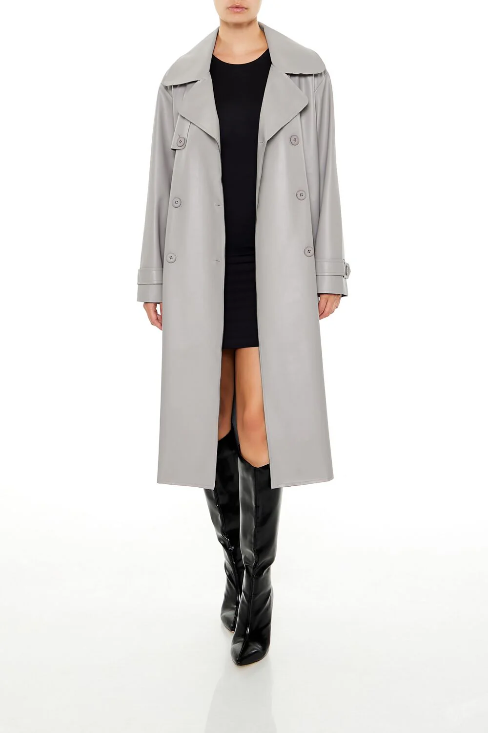 Faux Leather Notched Trench Coat - Image 7
