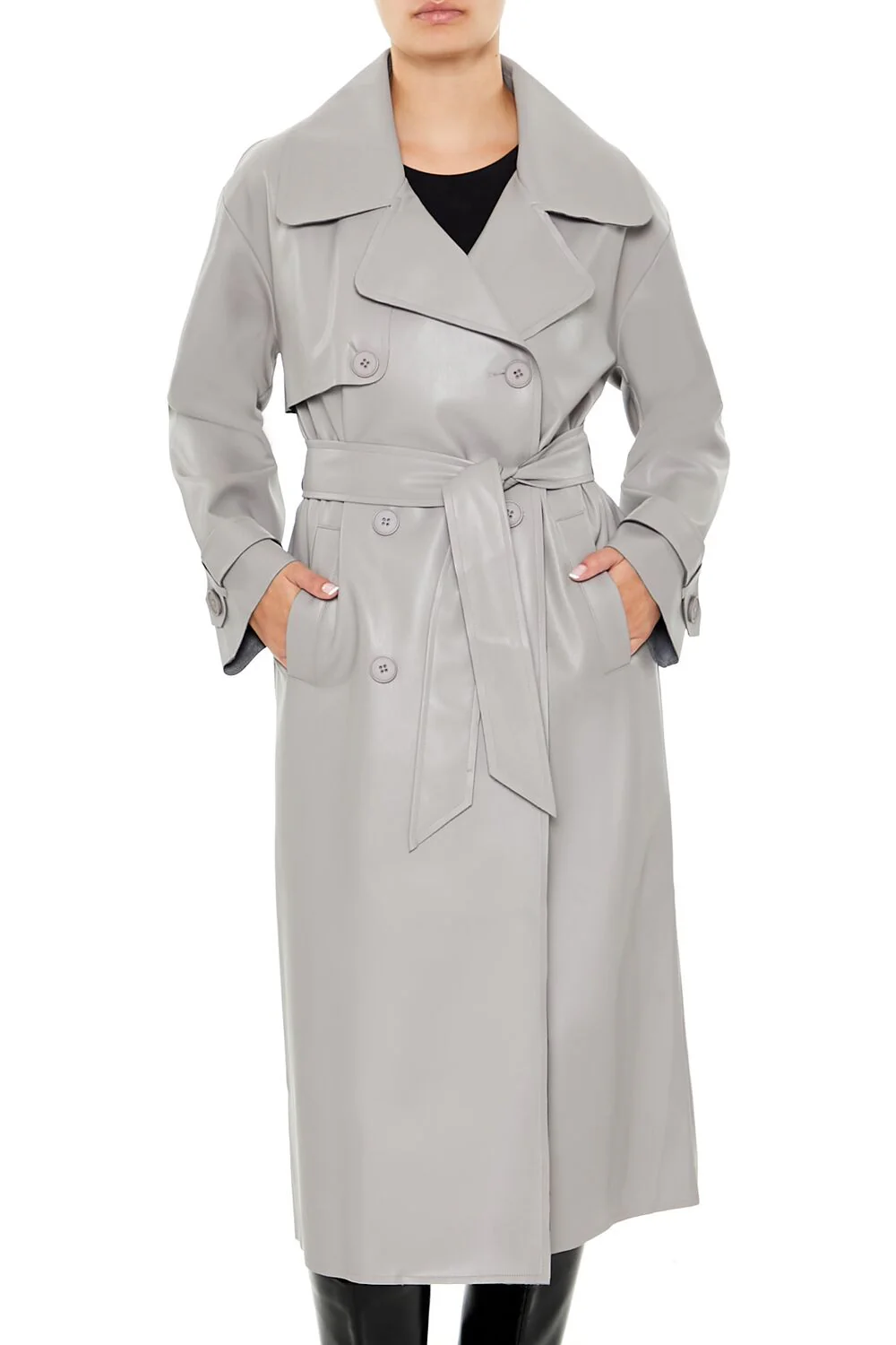 Faux Leather Notched Trench Coat - Image 8
