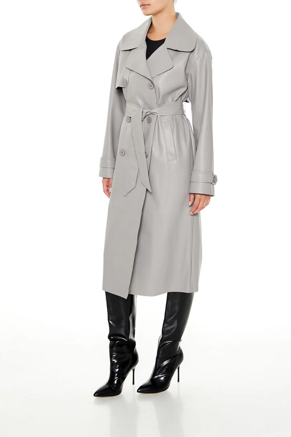 Faux Leather Notched Trench Coat - Image 9