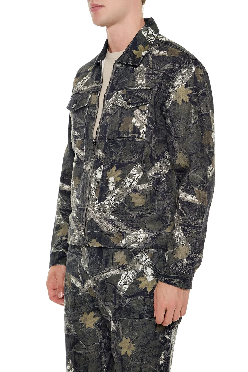Leaf Print Zip-Up Trucker Jacket - Image 4