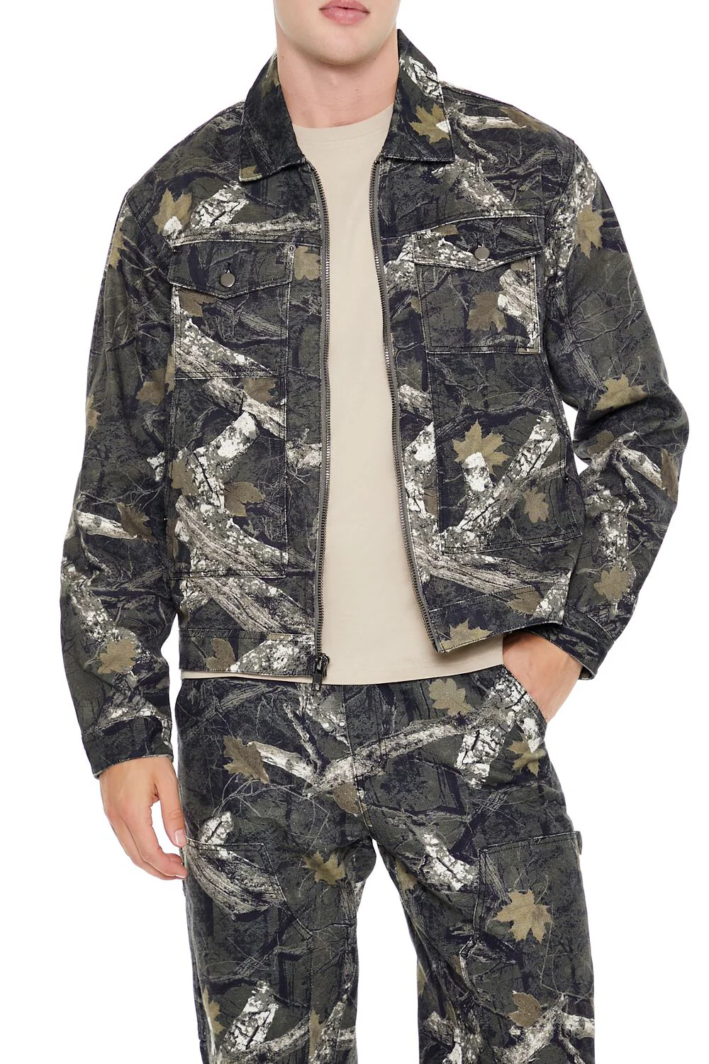 Leaf Print Zip-Up Trucker Jacket - Image 7
