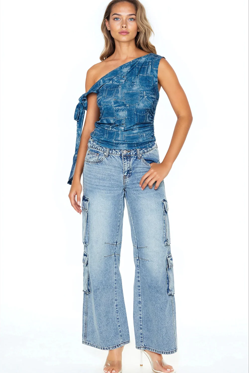 Denim Print Off-the-Shoulder Top - Image 3