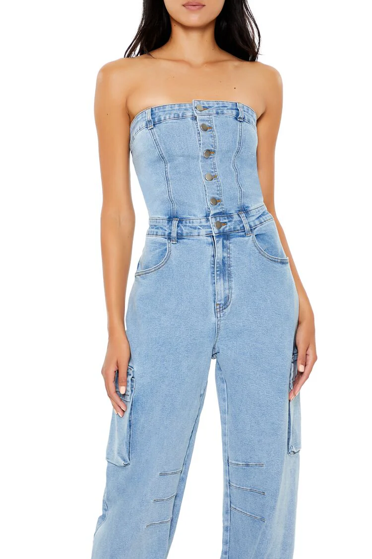 Strapless Denim Cargo Jumpsuit - Image 2
